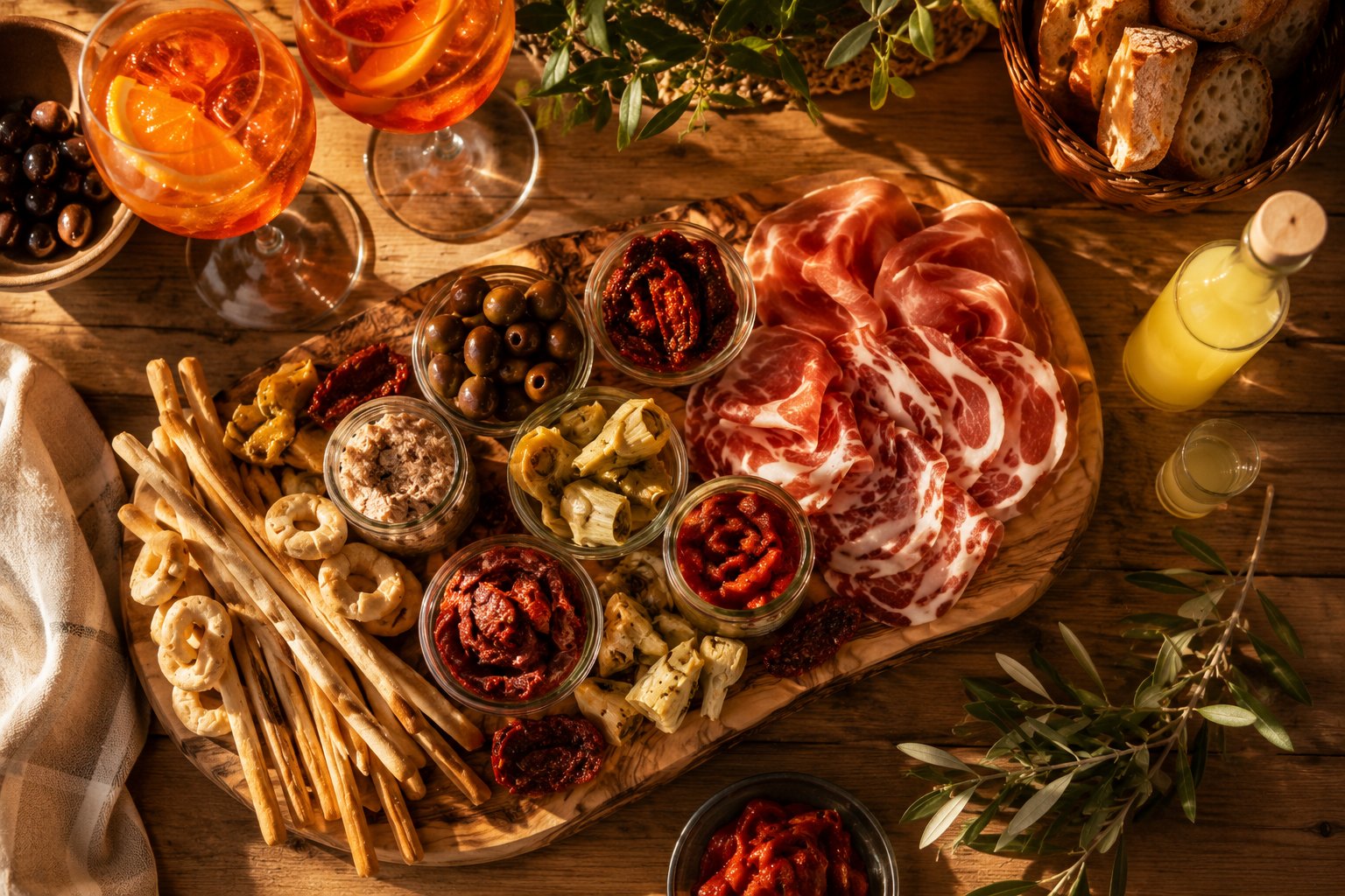 Planche apéritivo italienne avec antipasti, charcuterie et spritz