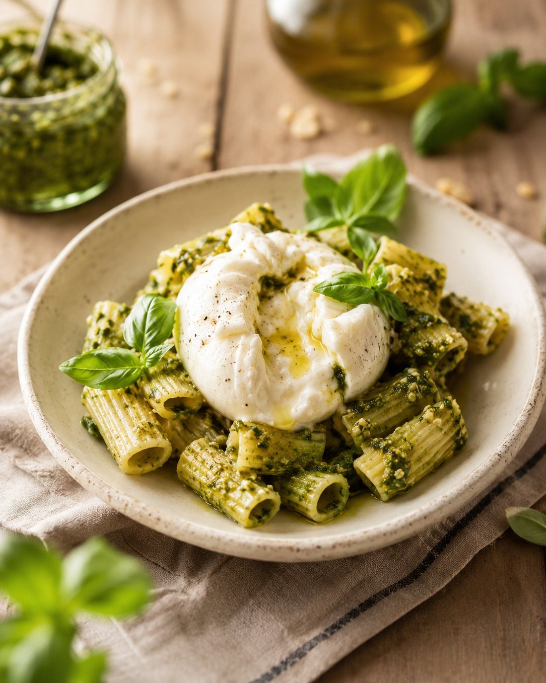 Rigatoni au pesto génois et burrata crémeuse