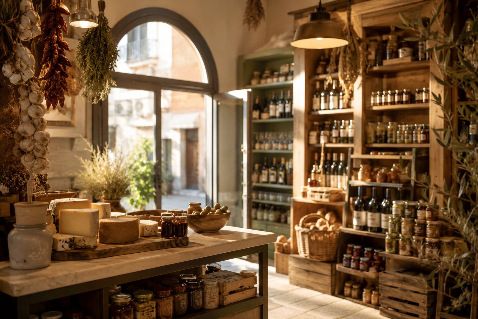 Intérieur chaleureux d'une épicerie fine italienne