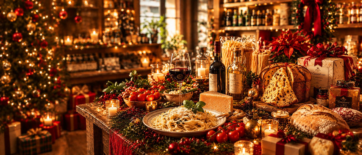 Table de Noël italienne gourmande : panettone, pâtes, parmesan, vin et cadeaux près du sapin